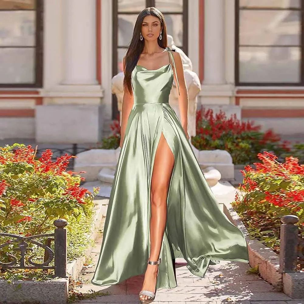 Vestidos de fiesta Mujer Correa de espagueti Satén Vestido de fiesta Largo  elegante Verde menta Sin espalda Verano Una línea Maxi Vestido de fiesta de