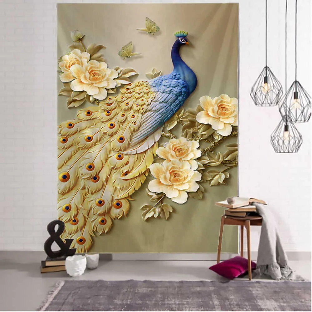 Tapestries Blue Peacock Mural Tapestry Wall Hanging Bohemian Psychedelic Animals Marble Painting Simple Aesthetic Home Decor