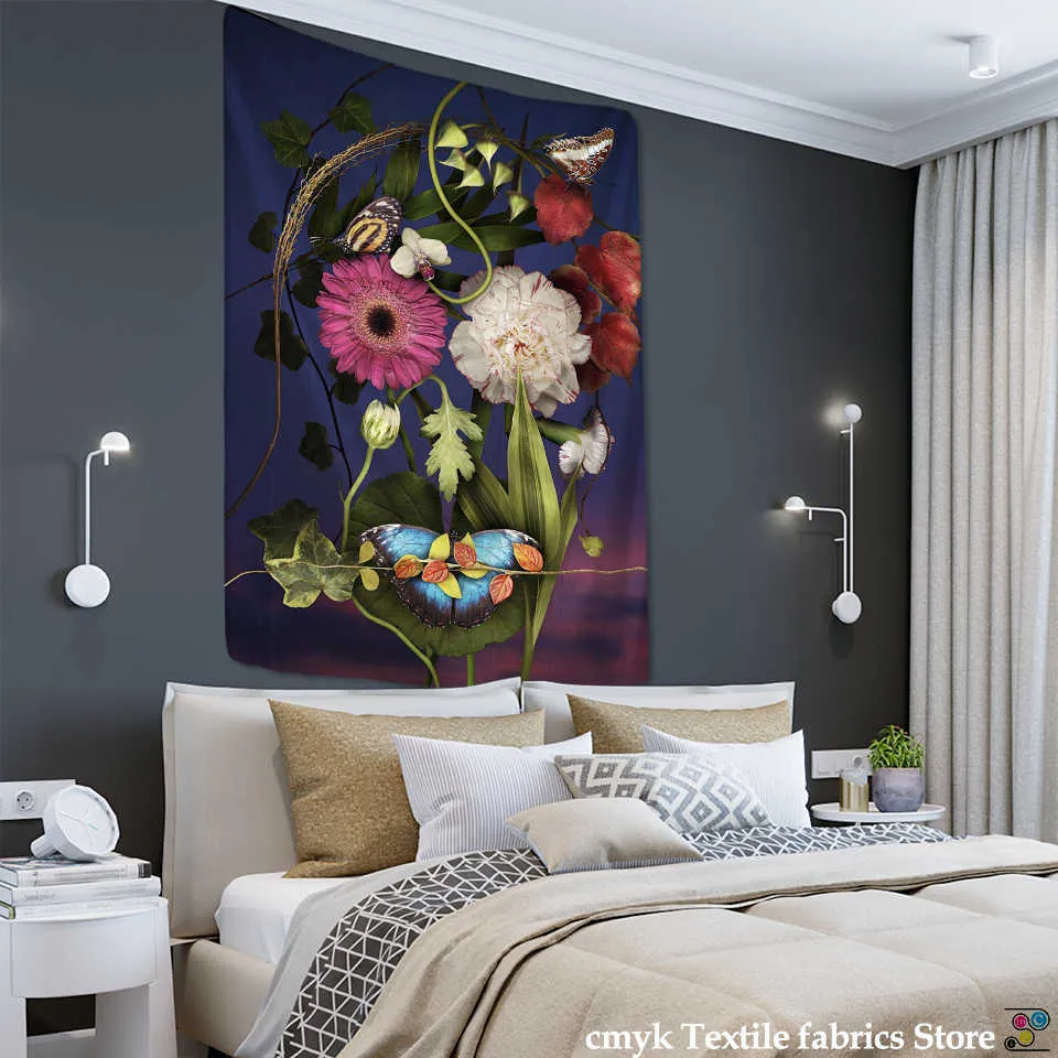 Tapisseries Gerbera tapisserie murale suspendue fond noir tissu Boho psychédélique sorcellerie Hippie Tapiz esthétique décor à la maison