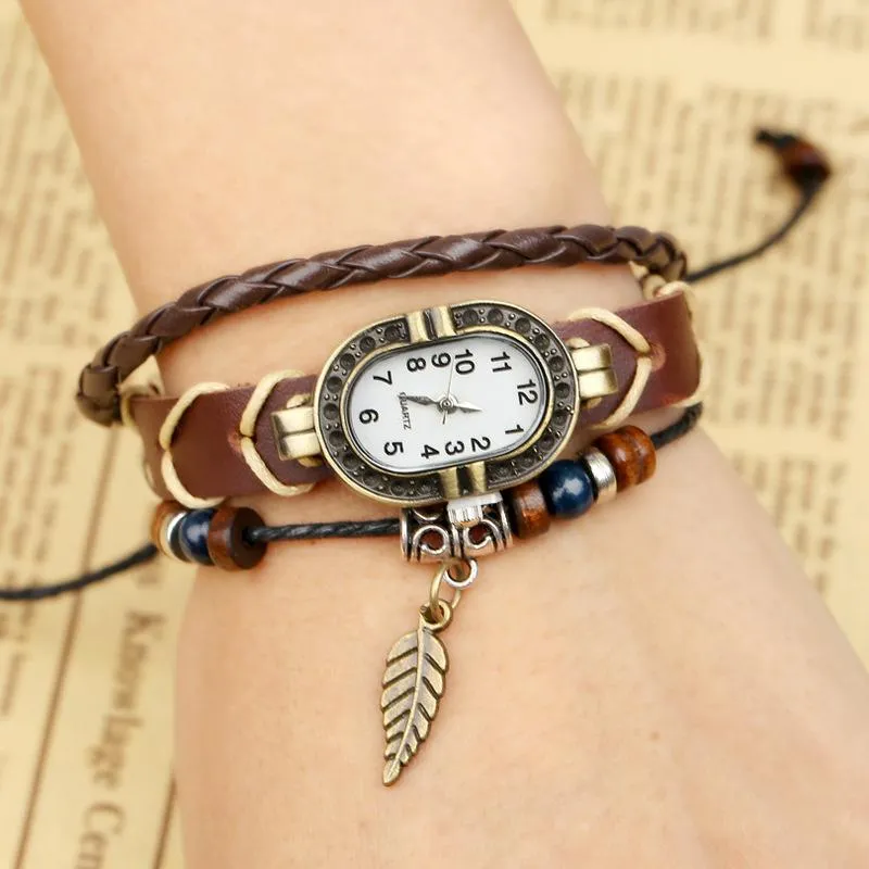 Bangle komen geweven vintage lederen armband Watch Men Women Fashion Cow Watches Leaf