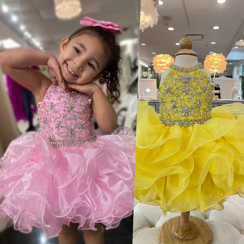 Glitz Cupcake Girl Pageant Dress 2023 Perles Cristal Petits Enfants Cocktail Étoile Montante Sur Scène Événement Formel Fête Porter Des Robes Infant Toddler Flower Girls Rose Jaune