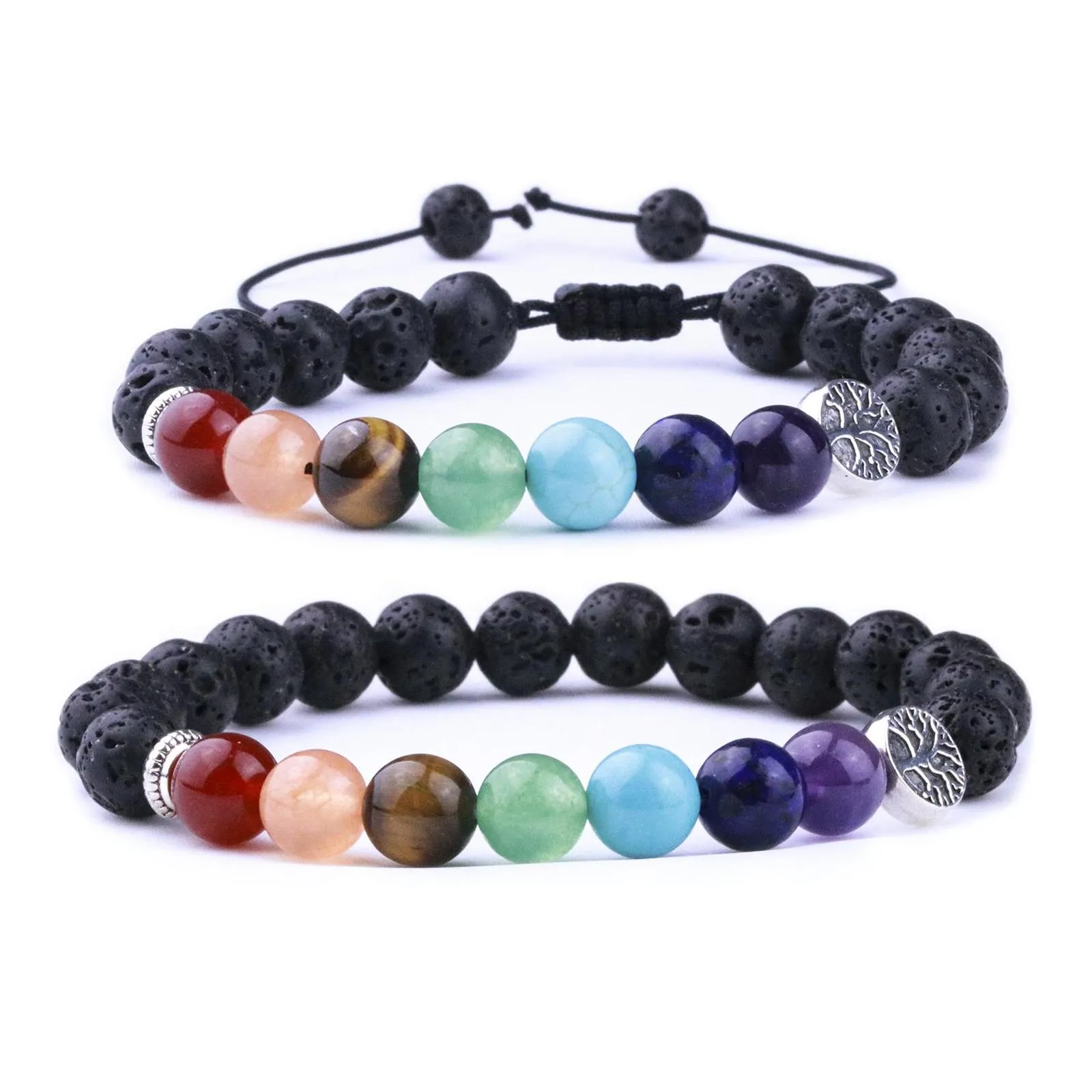 Charm Bracelets Natural Stone 7 Chakra Black Lava Tree Of Life Weave Aromatherapy Essential Oil Diffuser Bracelet For Women Men Drop Dhxtq