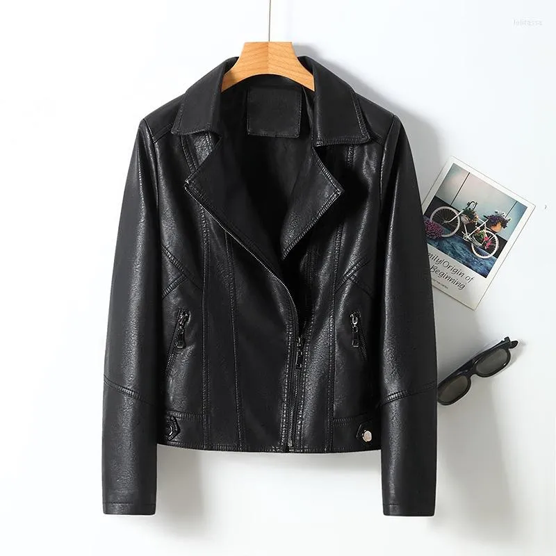 Kvinnorjackor 2023 Spring Autumn Women Jacket Fashion Motor Pu Leather Turn-Down Collar dragkedja Slim Fit Kpop Coat