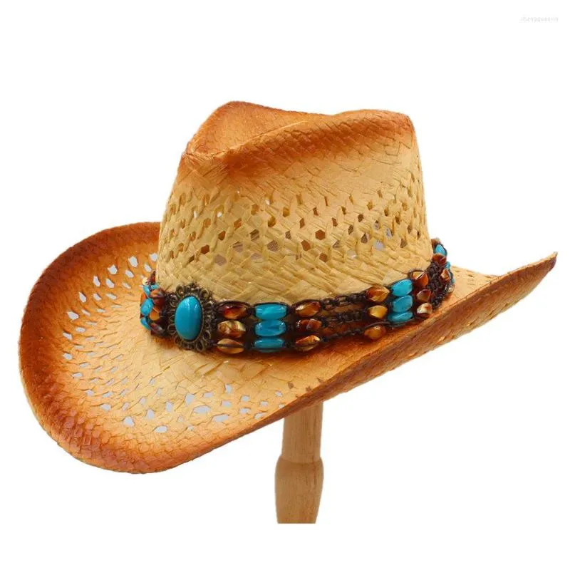 Basker kvinnor män strå western cowboy hatt med punk läder band handarbete vee strand sol sombrero cowgirl jazzstorlek 58 cm a0063