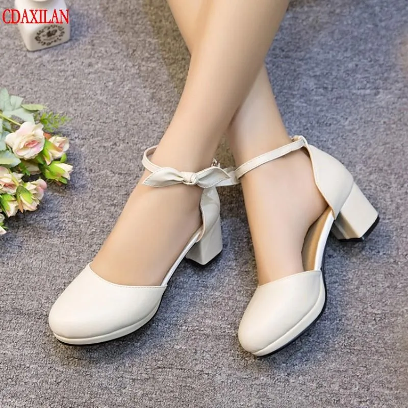 Dress Shoes CDAXILAN TO Sandals Women PU Leather Round Toe Mid-opening Butterfy-knot Buckle Strap Mid-heel Ladies Summer