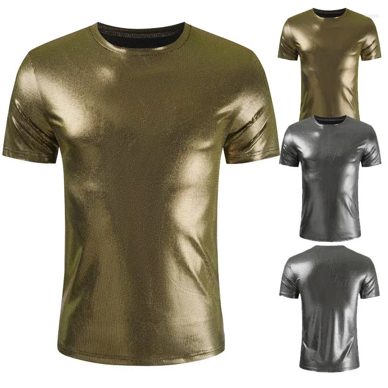 Men's T Shirts Summer Men's Metallic Leather T-shirt Dance Top Shirt Short Sleeve O-neck Casual Fit Solid
