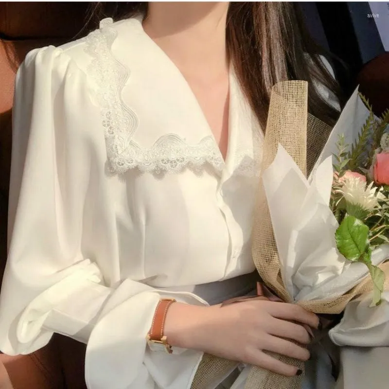 Women's Blouses Sannian White Sweet Temperament Top Lace Edge Large Lapel Collar Light Ripe Wind Lantern Sleeves Long-sleeved Shirt Female