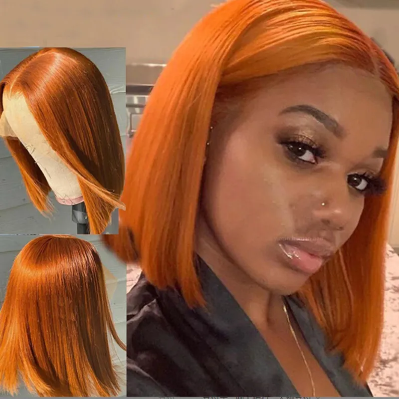 Brazilian 13X4 Lace Front Bob Wig 150% Orange Colored Short Bob 350# 180% 210% Density Silky Straight 12-16inch