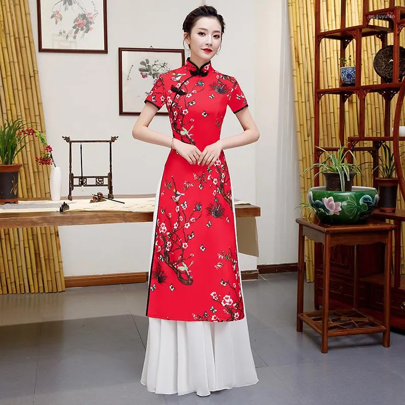 Etnik Giyim Kadın Vietnam Geleneksel Elbise Kadın Vietnamca Ao Dai Uzun Cheongsam Qipao Robe Orientale Party Elbiseler Çin Kostüm