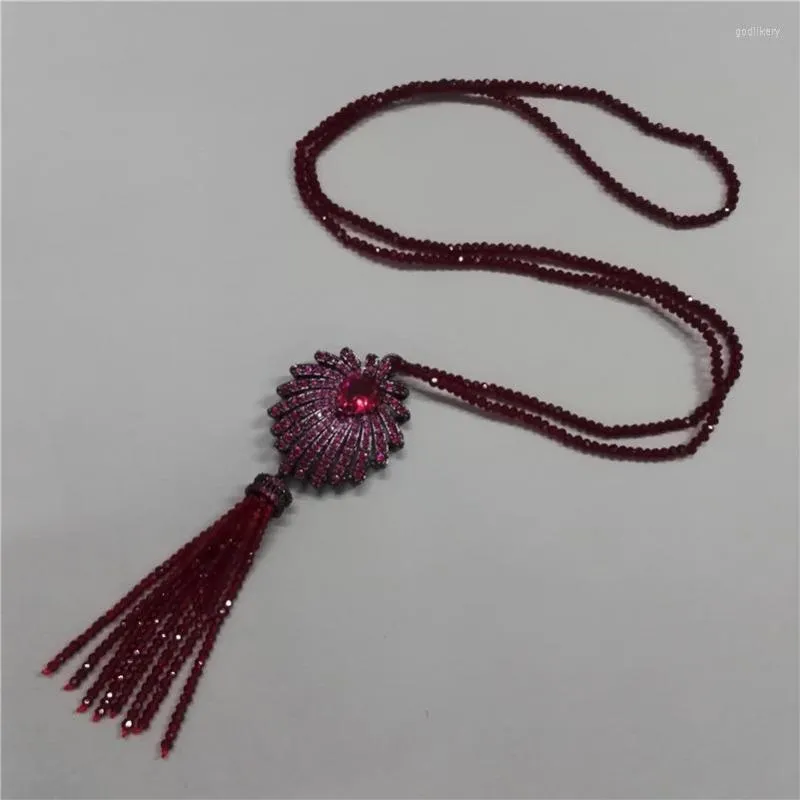 Hänghalsband 2023 Boho Bohemia Wine Röd glas pärlor Tassel med pistol svart färg CZ Crystal palmträd charm pärla kvinnor kedja halsband