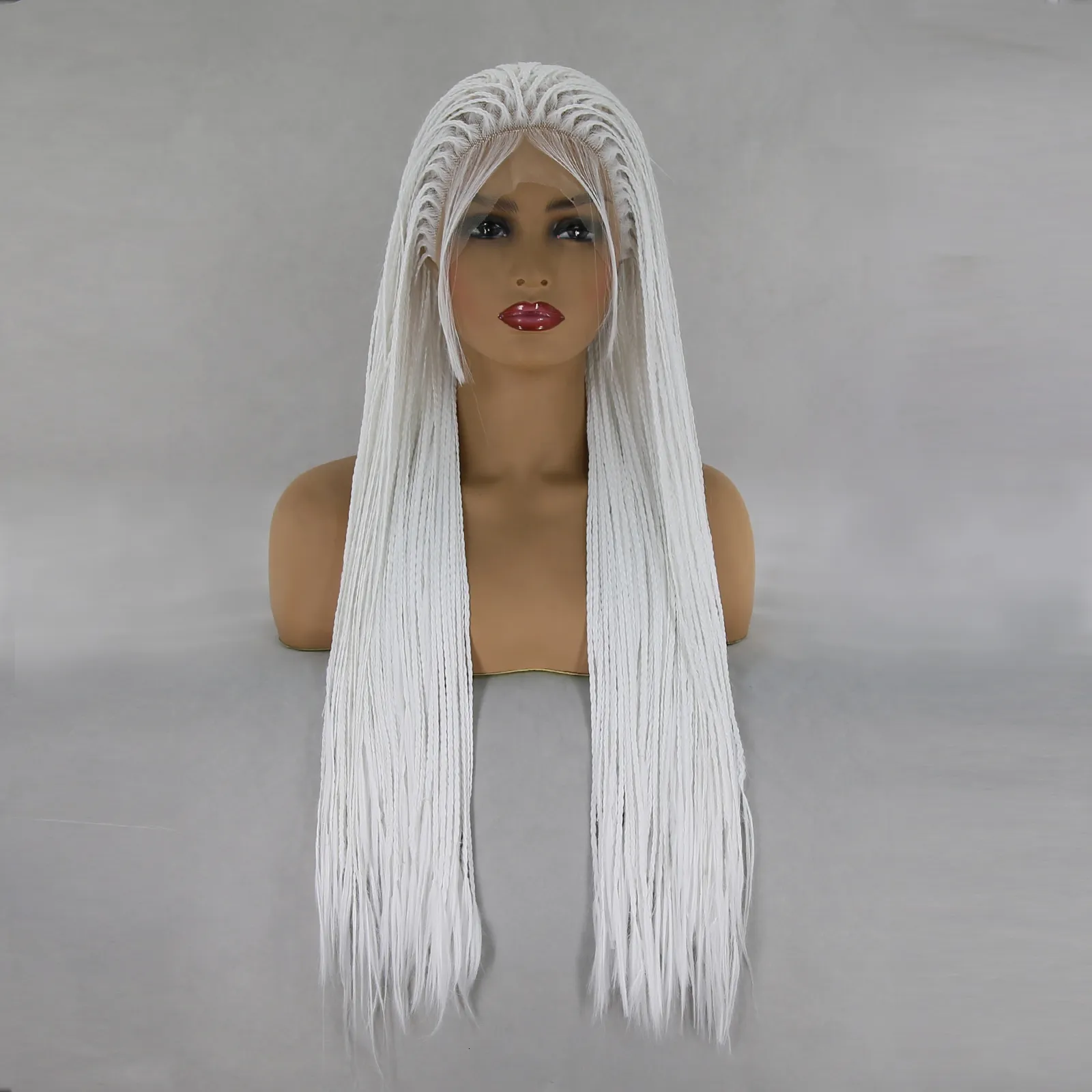 Perucas de cabelo humano BTWTRY branco micro trançado sintético rendado frontal com caixa de fibra resistente ao calor do bebê trançado peruca para mulher negra 230217