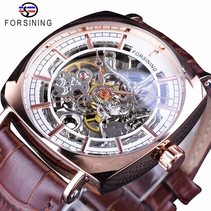 ForSining Brown äkta läder mode Royal Luxury Rose Golden Transparent Skeleton Men Automatiska mekaniska klockor Top Brand323J