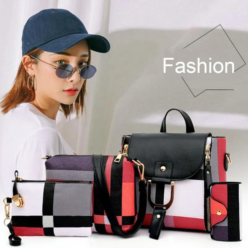 Sacs d'école Samll Plaid Imprimer Sac à dos pour femmes Filles Fashion Designer Bandoulière Sac à bandoulière 4 pièces Ensemble d'embrayage Bourse Bolsos Mujer