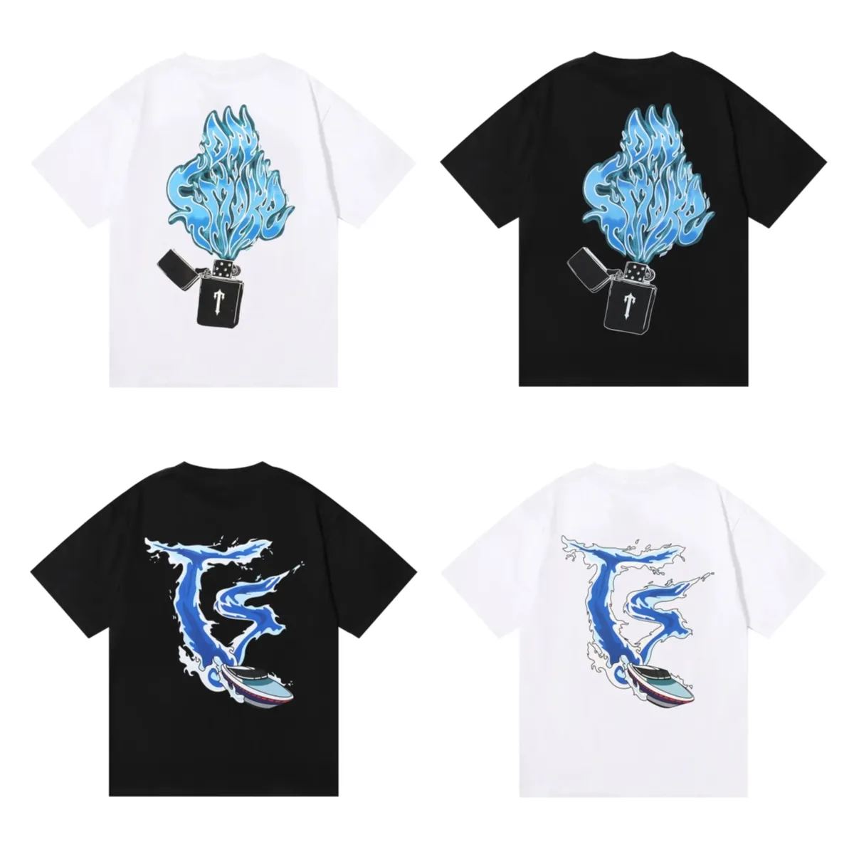 NIEUWE Trapstar Heren Aansteker Blauwe Vlam T-shirt Speedboot Spray Print t-shirts Hoge Kwaliteit 100% Katoen Vrouwen Losse Casual korte Mouwen