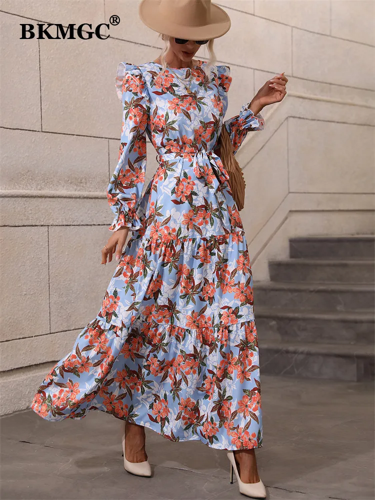 Casual Dresses Bkmgc ruffle Butterfly Sleeve Floral Print O-Neck Belt Midje Summer Autumn Women Long Maxi Boho Bohemian duk 230217