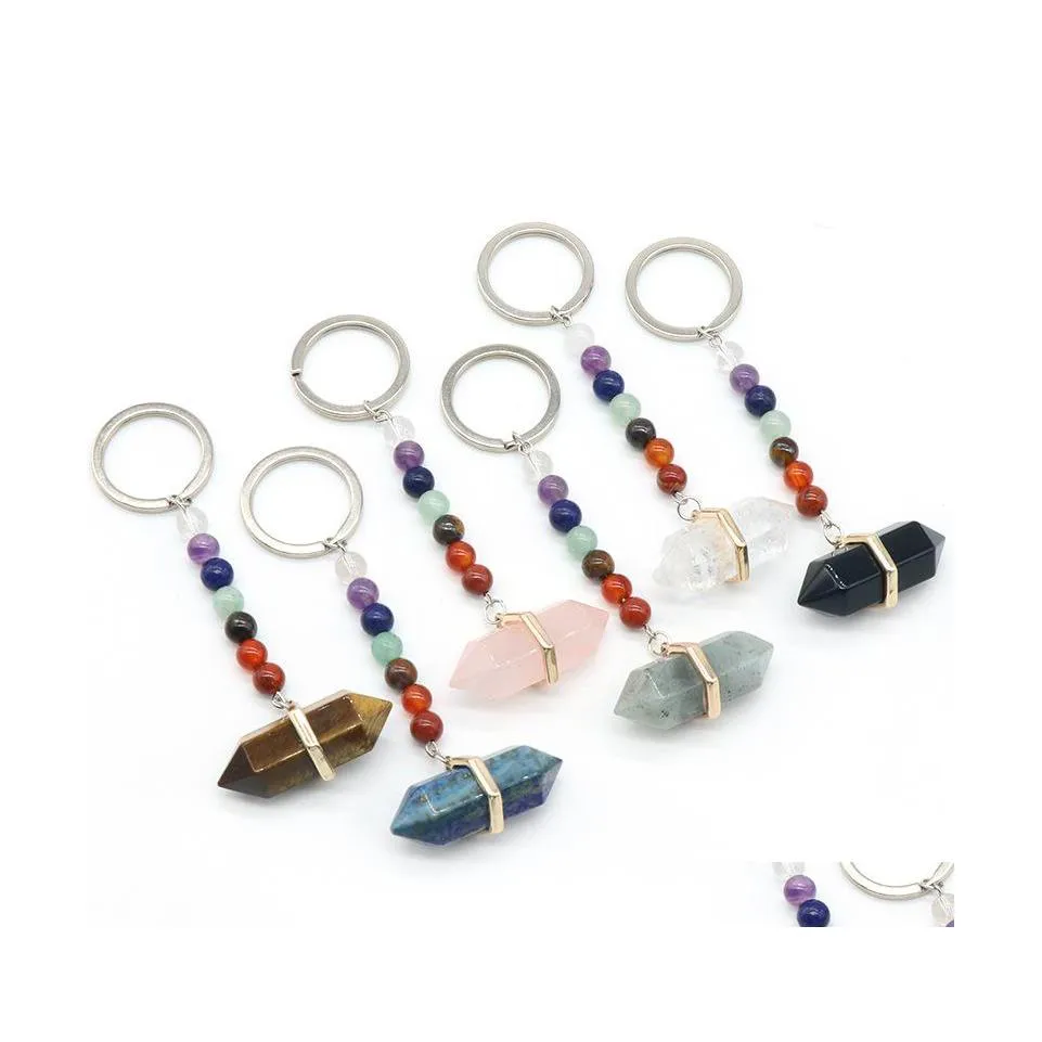 Kluczowe pierścienie 7 Chakra Beads Charms Natural Stone Pillar Keyring Fashion Uzdrawianie Reiki Kluczowy posiadacz biżuterii