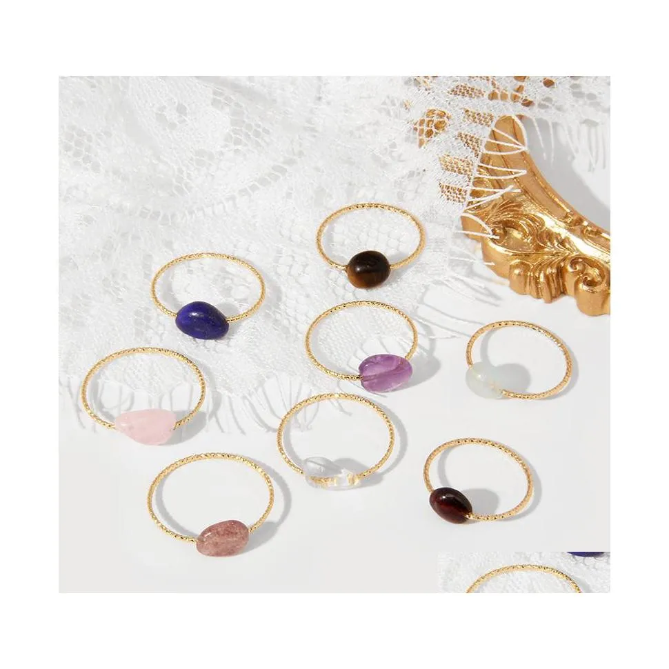 Solitaire Ring Minimalism Natural Stone Rings Golden Metal Gem Rose Quartz Amethyst Beads Trendy Healing Jewelry Gifts Drop Delivery Dhlkc