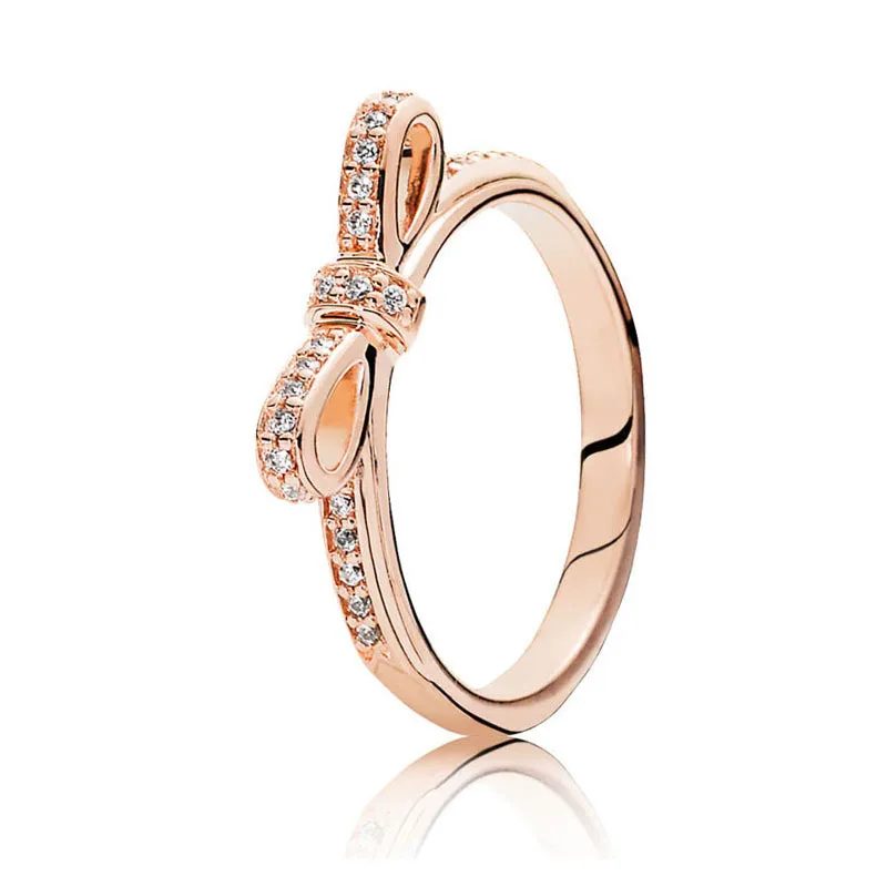 18K Rose Gold Classic Bow Pierścień dla Pandora Real Srebrny Srebrny Party Prezentacja Biżuteria dla kobiet CZ Diamentowa dziewczyna pierścionki z oryginalnym pudełkiem