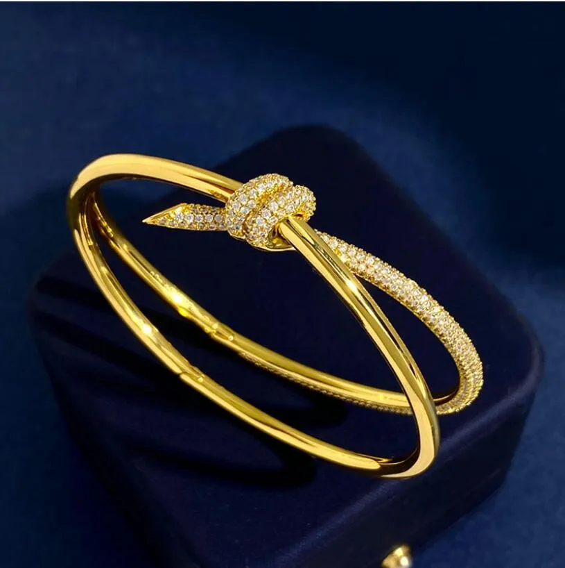 Knotted Half Diamond Gold Bangle Luxury Designer Monogram Hollow