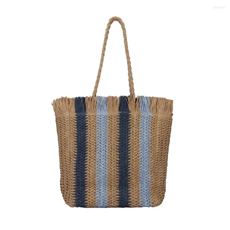 Portachiavi Borsa di paglia da spiaggia a righe Borsa a tracolla di grande capacità per le donne Borsa tessuta a mano Borsa casual in rattan A