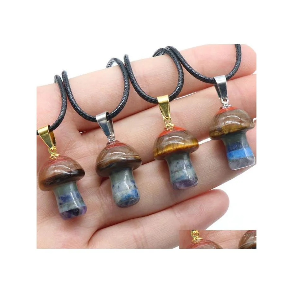 Pendant Necklaces 2Cm Rainbow Natural Stone Carving Mushroom Shape Reiki Healing 7Chakra Crystal Necklace For Women Jewelr Yydhhome Dhg72