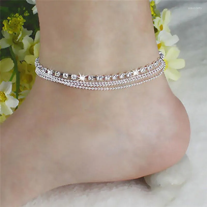 Ankjes Multi -layer Crystal Ball Bracelet Sandaal Beach Anklet Sieraden Voetketen Vrouwen Zomerfeestje Wedding