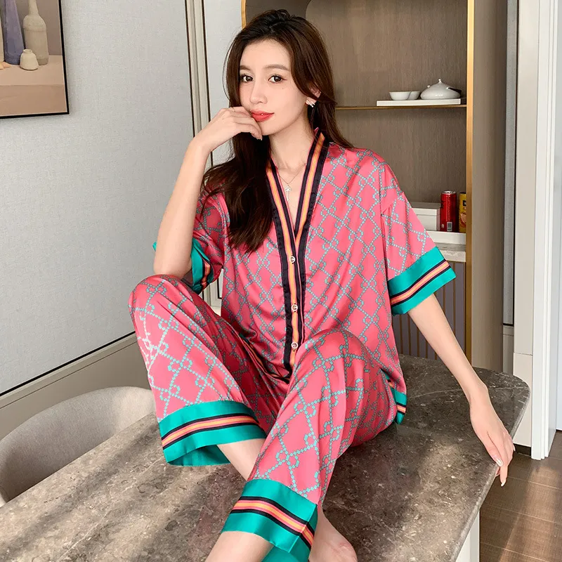 Women's sleepwear 2022 Spring New Designer brand Long Sleeved V-neck Women Pajamas Set Ice Silk Printed Fashion Pyjamas