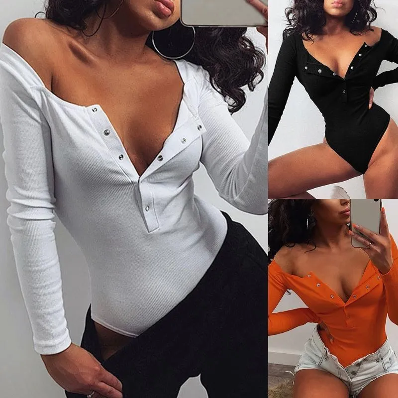 Womens Ribbed Knit Bodysuit With Long Sleeves Single Breasted Button Up Top V Neck Leotard And Solid Color Bodycon Petite Long Sleeve Jumpsuit From Jiabinen 24.73 DHgate.Com