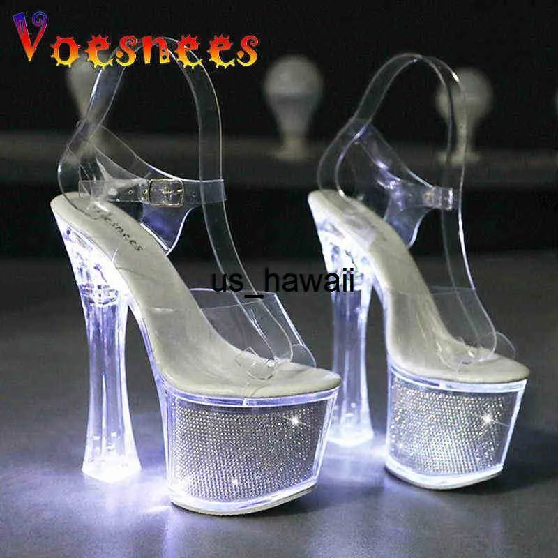 Sandales Light Up LED lumineuse Stripper chaussures femmes lumineux Transparent étoile plate-forme sandales été 17.5 CM Sexy cristal talons hauts 0217V23 0218V23