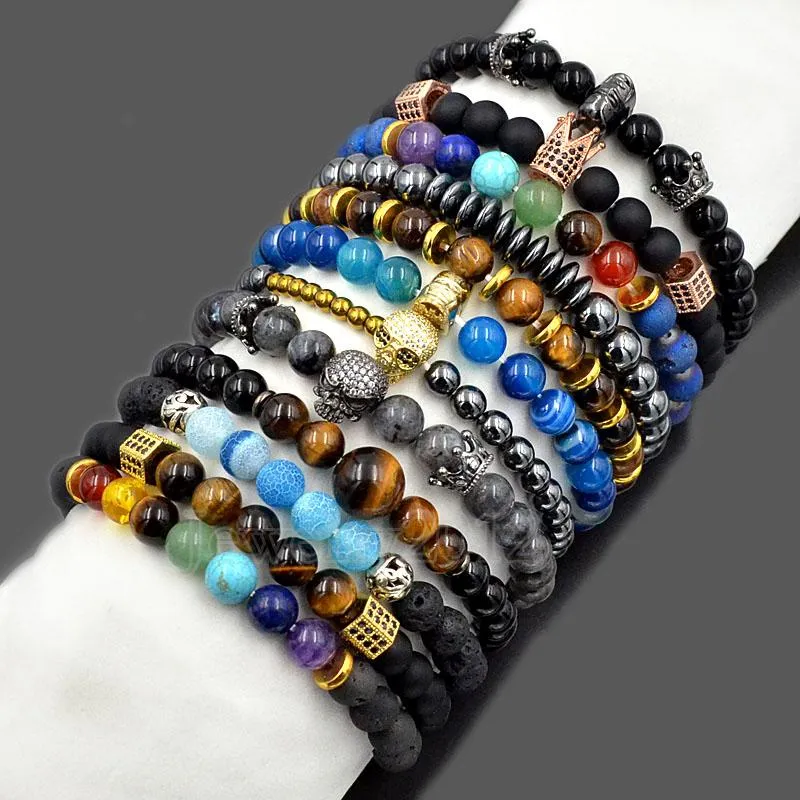 STRAND 10PCS/Lot Fashion Heren Women's Natural Gem Stones Micro Pave Zirkon 6mm 8mm kralen Bracelet 7.5 "DIY Sieraden Design Groothandel kralen