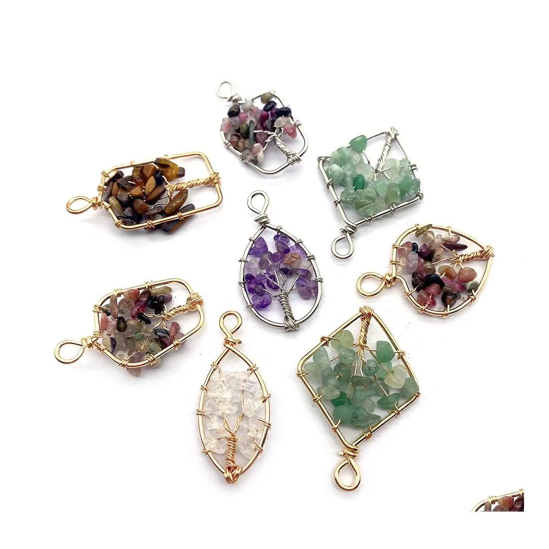 Charms Perline di pietra di cristallo naturale Filo avvolto Ciondolo albero della vita per creazione di gioielli Chakra Reiki Guarigione Ametista Yzedibleshop D Dh2Kd