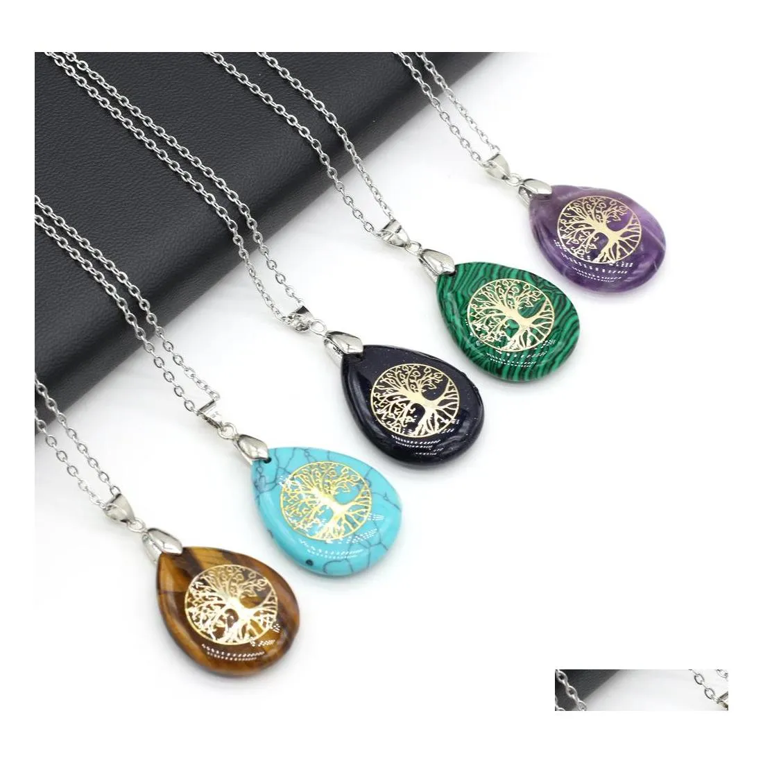 Pendentif Colliers Arbre De Vie Modèle Reiki Guérison Cristal Énergie Goutte D'eau Pierre Quartz Mode Femmes Hommes Bijoux En Gros Drop Dhfd8