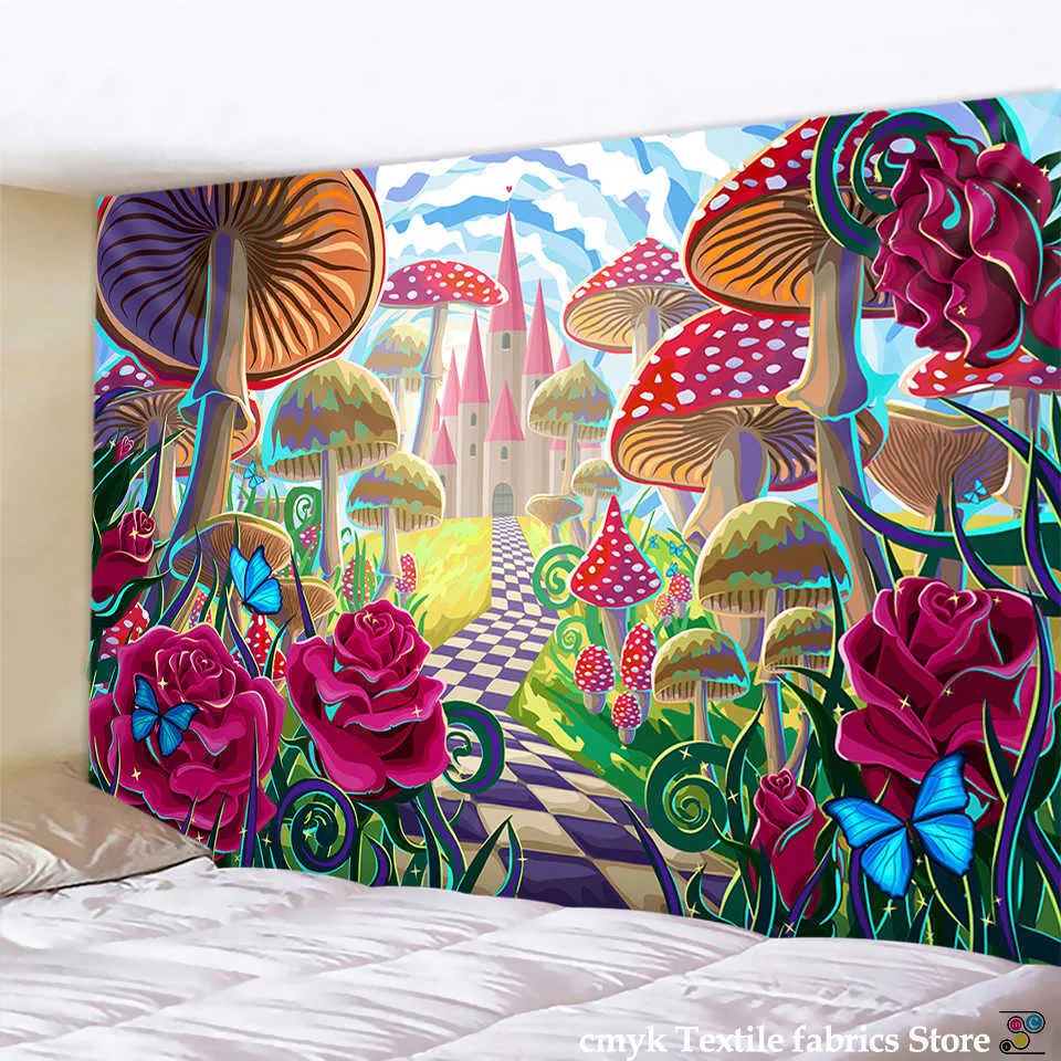 Tapisseries Forêt Magique Tapisserie Tenture Murale Champignon Rouge Décoratif Tapisseries Art Mur Tapis Décor À La Maison Boho Hippie Tapisserie T230217