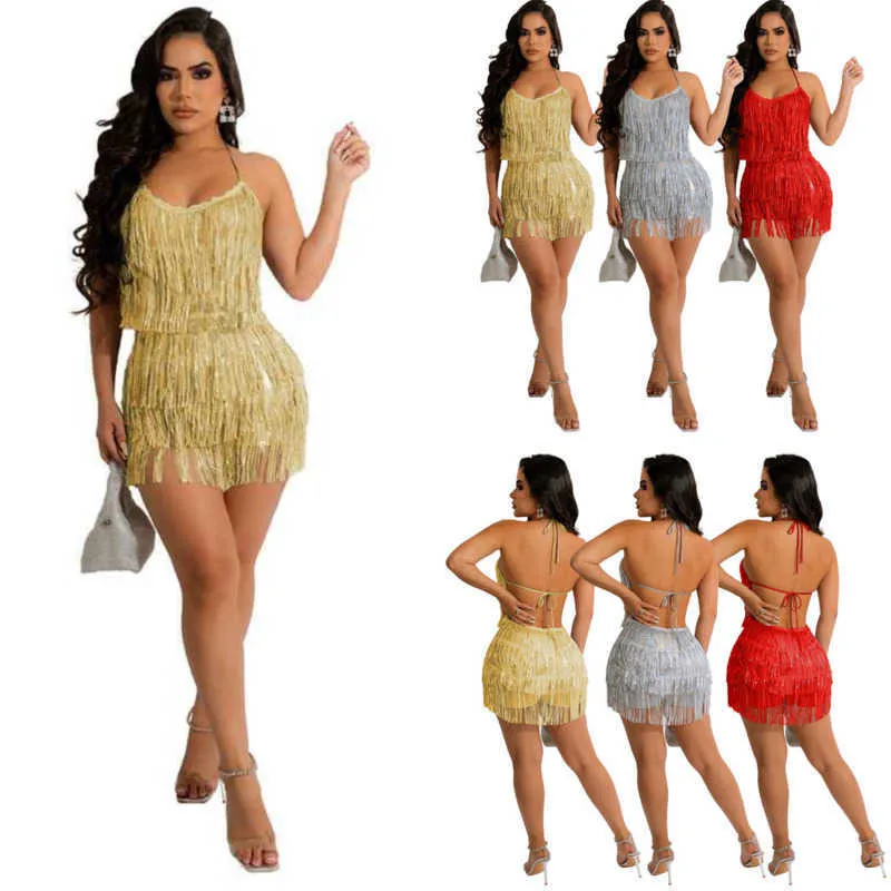 2023 Summer Designer Body Tute da donna Sexy Night Club Onesies New Tassel Paillettes Lace Up Party Pagliaccetti