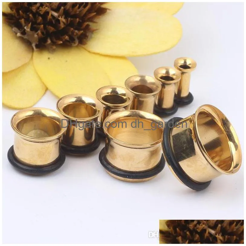 Plugs Tunnel Gold Single Flare con O Ring Ear Body Piercing Gioielli per uomo Donna Calibri Drop Delivery Dhgarden Dhigf