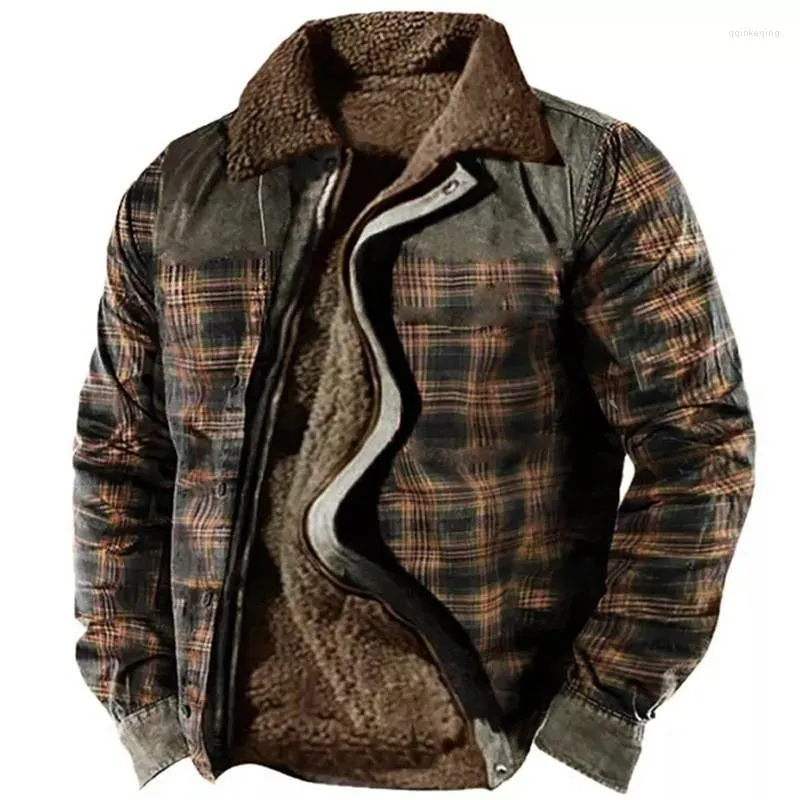 Men's Jackets Vintage Plaid Print Mens Fleece Lining Coat Winter Warm Thick Long Sleeve Turn-down Collar Buttoned Casual Men Outerwear