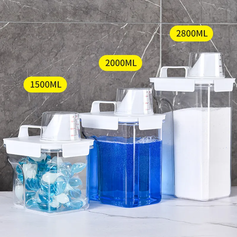Förvaringsflaskor burkar lufttätt tvättmedelpulver förvaringslåda klar tvättpulverbehållare med mät kopp multiplast plast spannmål burk 230217