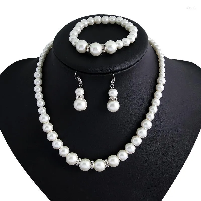 Necklace Earrings Set Women Alloy Rhinestone Chain Pearl Bead Pendant Earring Bracelet Gift Ring Jewelry Wedding Party Necktie Accessory