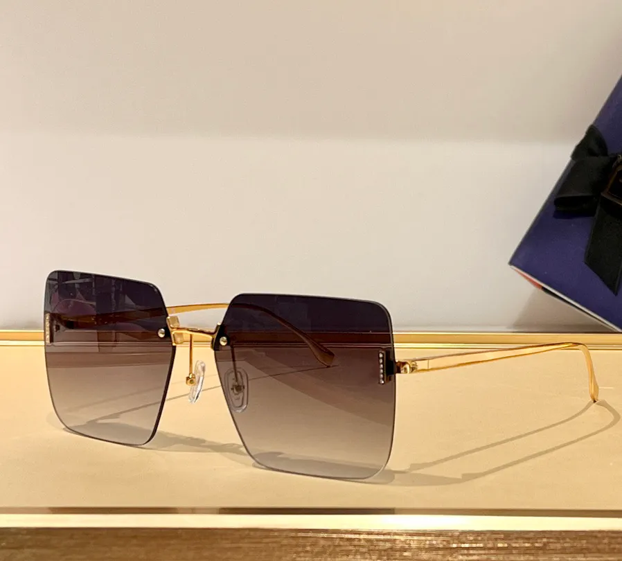 Gafas de sol cuadradas sin montura para mujer Gafas de sol de diseñador de tonos degradados grises de metal dorado Gafas UV400 con caja