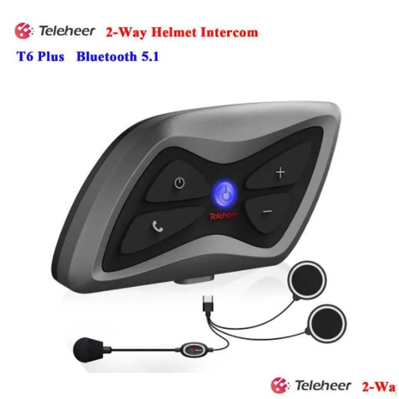 CAR DVR Motorcykel Intercom 1pcs/Set Teleheer T6 Plus Bluetooth Headset Helmet 1500m Intercomunicador Moto RealTime för 2 Riders Water DHT8C