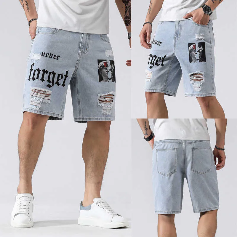 Herrshorts Herr Rippade jeans med fickor Ljusblå bokstäver och porträtttryck Straight Fit jeansshorts Mode för sommaren SXL J230218