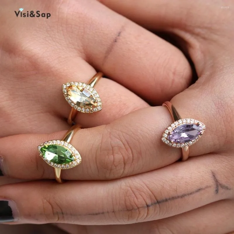 Wedding Rings Visisap Drop Mysterious Purple Olive Zircon For Women Engagement GOld Color Ring Fashion Jewelry B2561