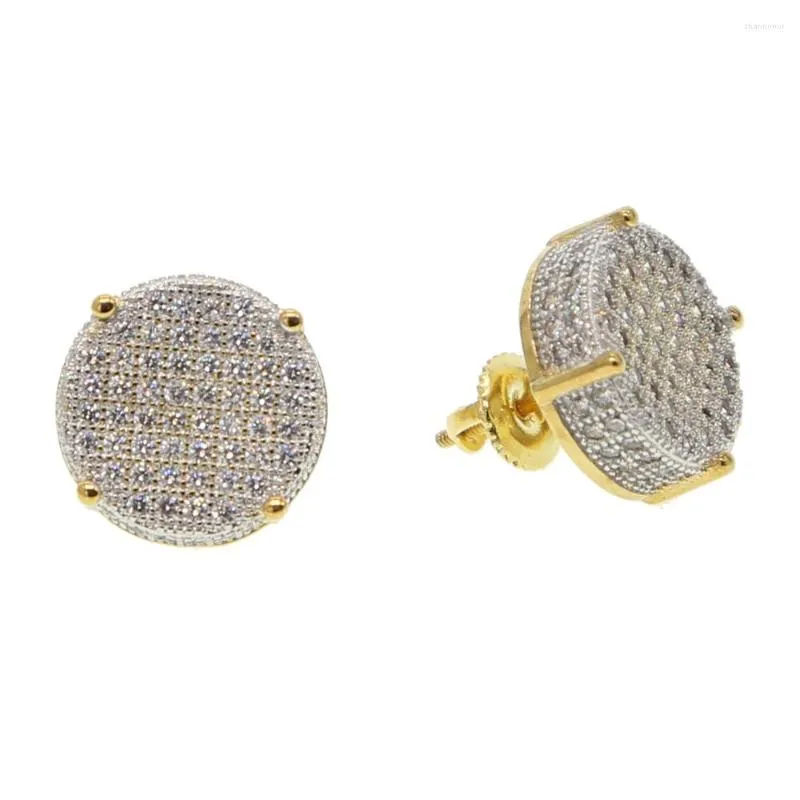 Stud -oorbellen 14 mm Micro Pave Sparking Bling Clear CZ Round Dots Boy Men Hip Hop Fashion Screwback Earring