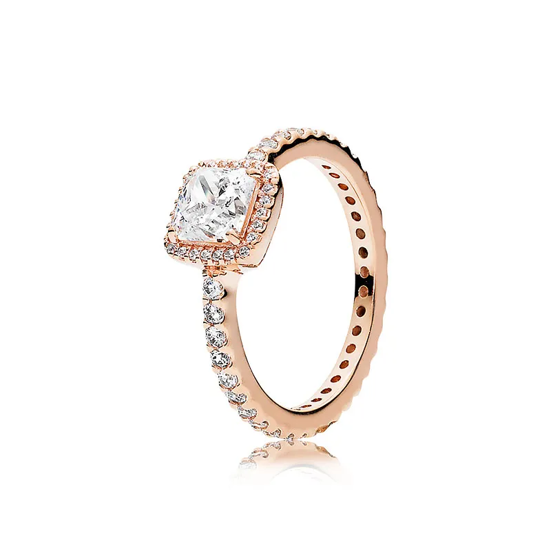 Rose Gold Square Sparkle Pierścień Halo dla Pandora Real Sterling Srebrny Women Designer Wedding Jewelry