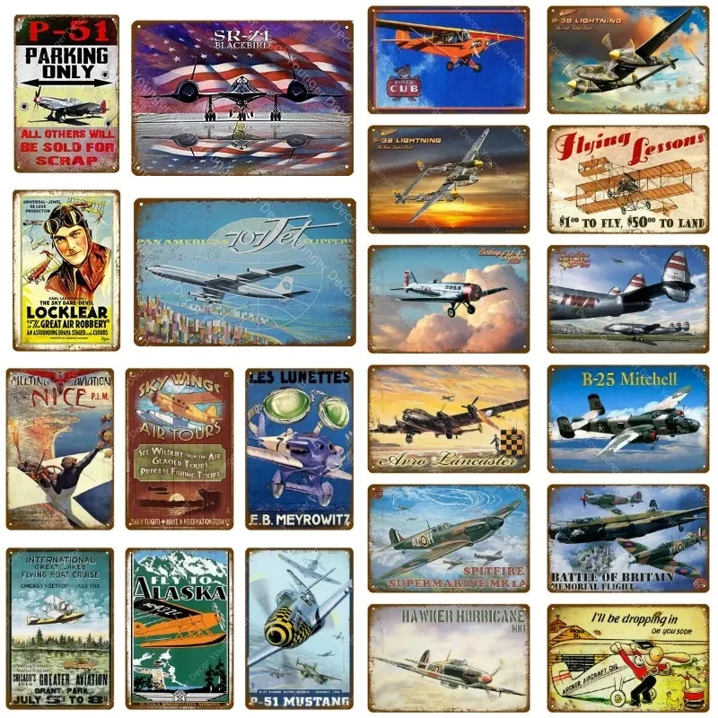 Américain classique avion combattant métal étain signes avion avion autocollant mural Vintage art peinture affiche bar salle décor à la maison combattant affiche décor taille 30X20 CM w01