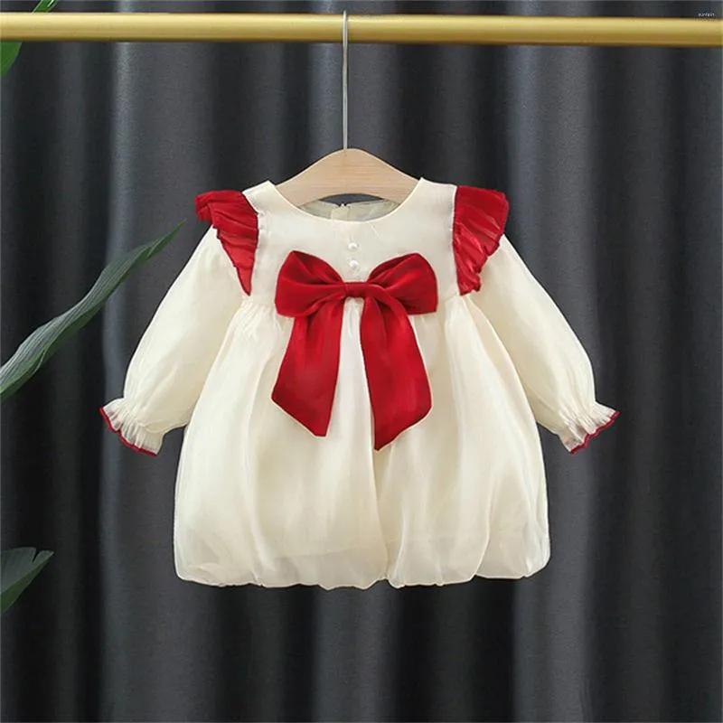 Meisje jurken baby peuter kinderen geboren babymeisjes ladermeetwerk lange gegolfde mouw bowknot tule jurk prinses kleren herfst