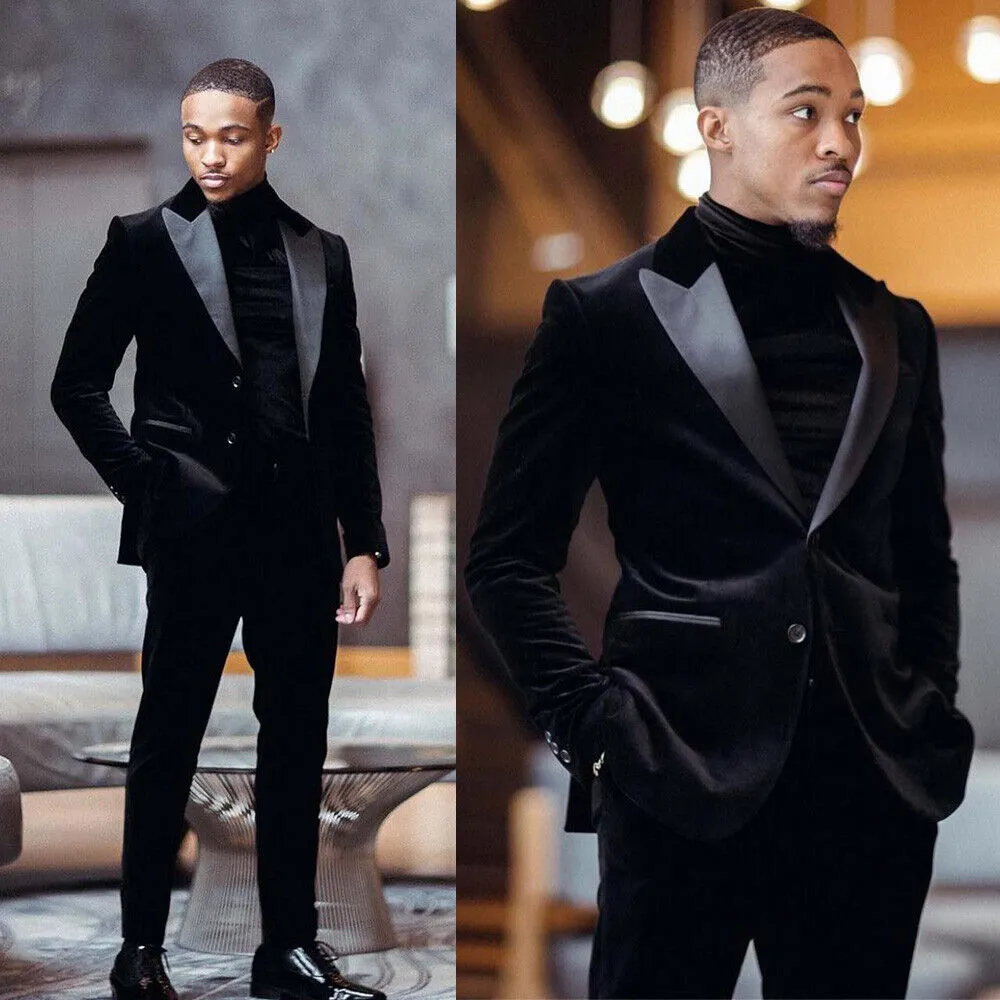 Slim African Black Velvet Wedding Tuxedos 2023 Coat en Pant Boyfriend Men's Suits For Wedding Costume Peaky Blinders gemonteerd Tuxedo Man Plus Size Groom Suit Boho