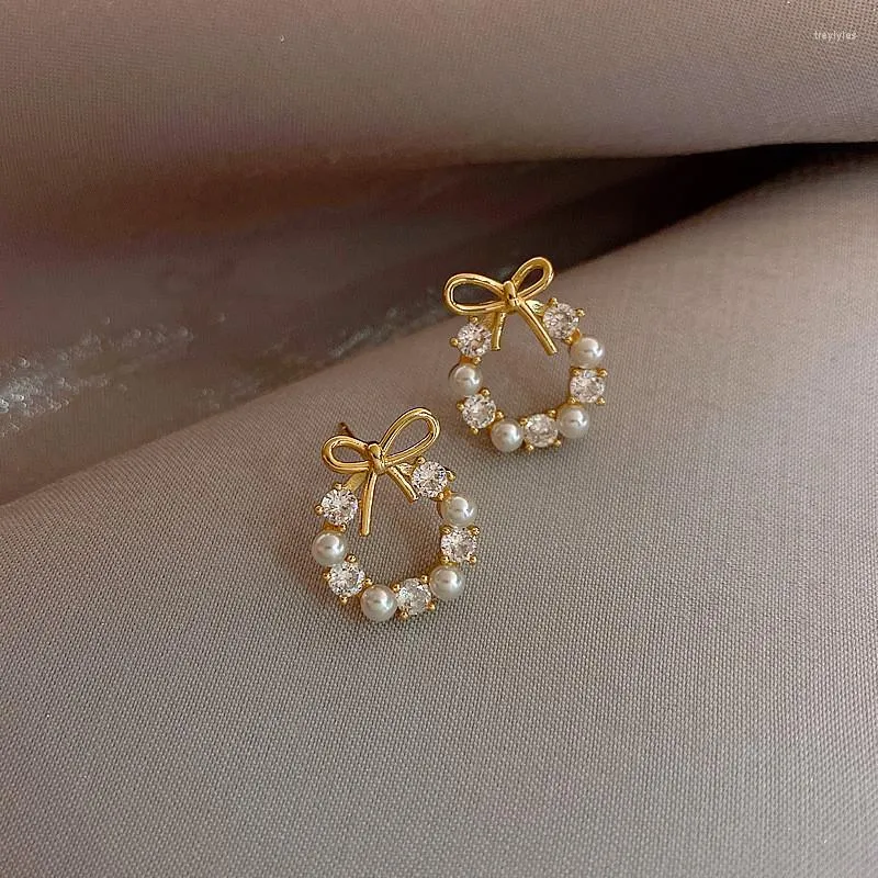 Stud Earrings Korean Elegant Trendy Round Crystal Wreath Bow For Women Imitation Pearls Jewelry Wedding Gift