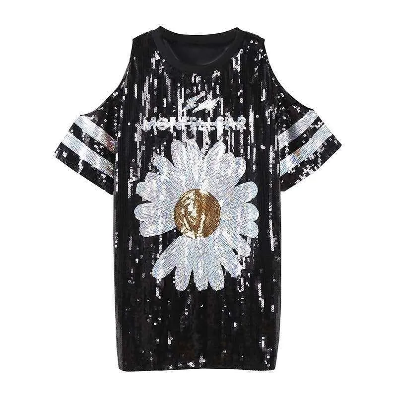 Kvinnors T -skjortor Chic ins söta blommor Daisy Women Sequin Long Europe Casual Sexig Cutout Ladies Tee Sunflower Dress Party Stay Home Style