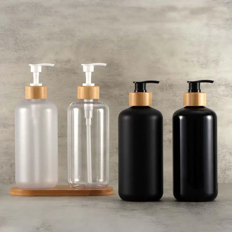 Storage Bottles 500ML Bamboo Pump Dispenser Bathroom Dish Soap Round Shoulder Bottle Lotion Refillable Shower Gel Liquid Frosted Container